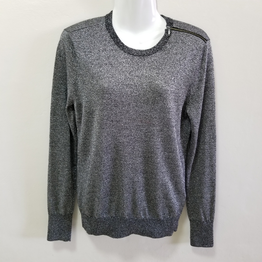 Equipment Women Top Ondine Zip Shoulder Metallic Crewneck Sweater Shimmer Gray S